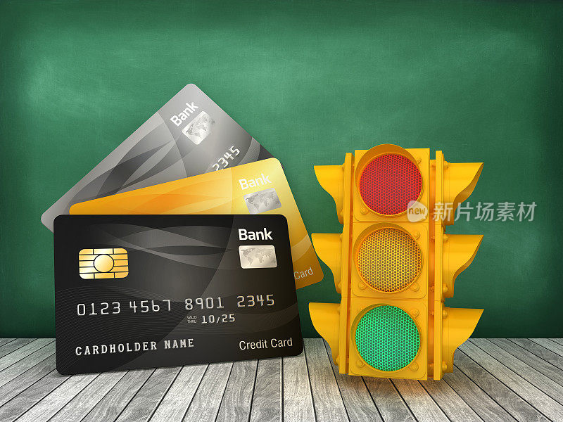 信用卡与交通灯在黑板上- 3D渲染